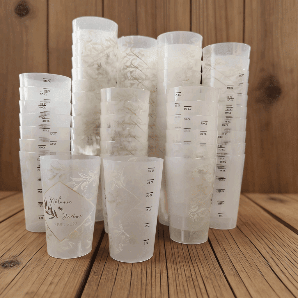 Nombreux gobelets réutilisables personnalisés jaugés 30 CL, décor motif Olivier. Le devant affiche Mélanie ♡ Jérôme, 4 JUIN 2022.