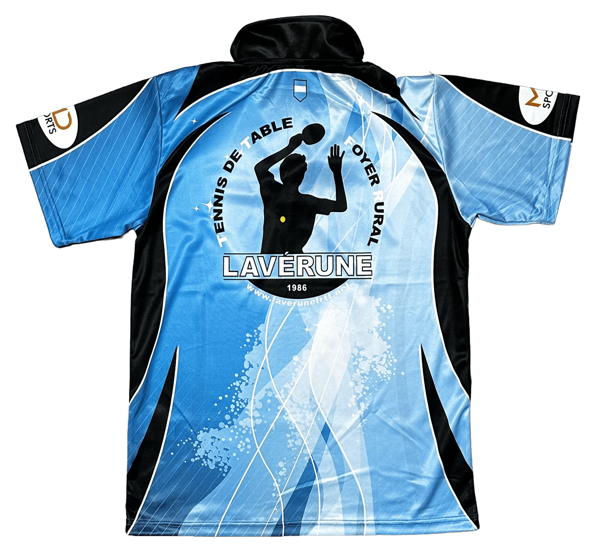 Maillot bleu et noir Tennis de Table Lavérune Foyer Rural 1986 avec silhouette de pongiste en action.