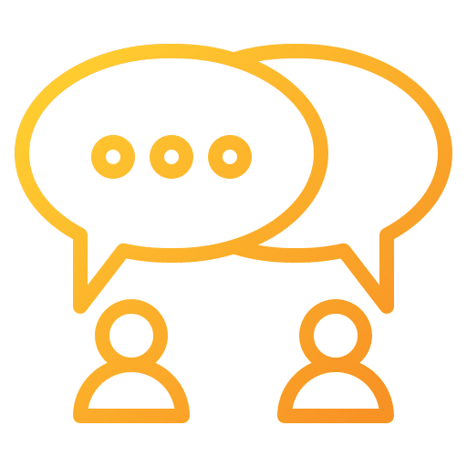 Dialogue et Communication : Icône Avatars en Conversation. Deux avatars dorés sous des bulles de dialogue, symbolisant la communication et l'interaction. La bulle de gauche contient une ellipse.