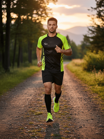 Coureur en tenue Sky noire et jaune fluo sur sentier forestier au soleil couchant. Déterminé.