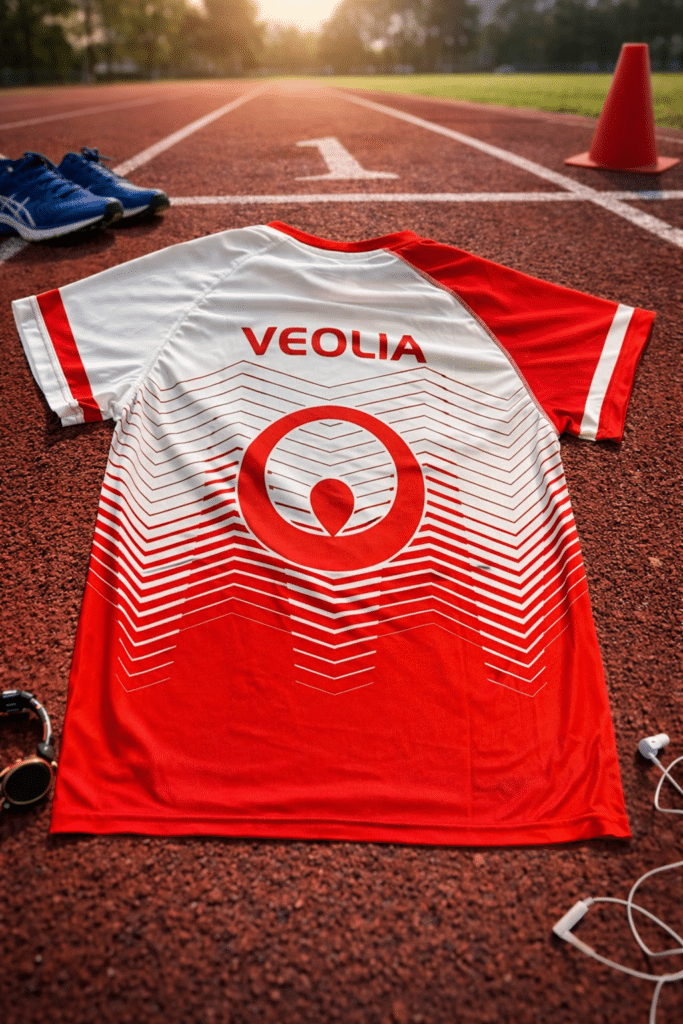 Maillot Veolia rouge et blanc sur piste d'athlétisme avec chaussures de course et écouteurs.