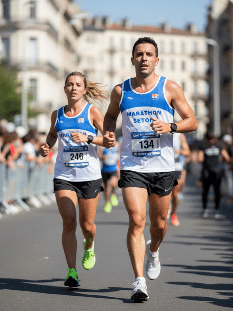 Marathon de Seton : Duo de Coureurs en Pleine Course Coureurs aux dossards 134 et 246 en plein Marathon de Seton sur un parcours urbain.