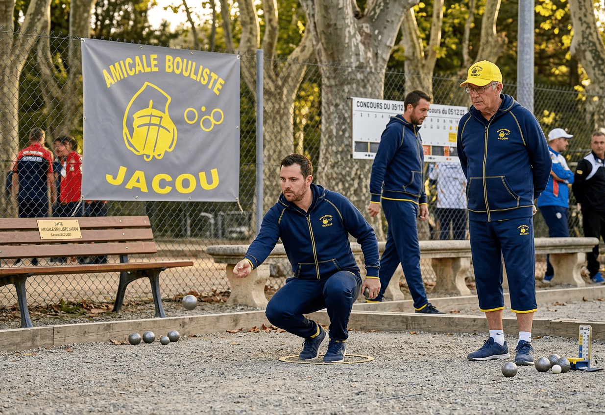 Joueur de pétanque lançant une boule au club Amicale Bouliste Jacou lors d'un tournoi.