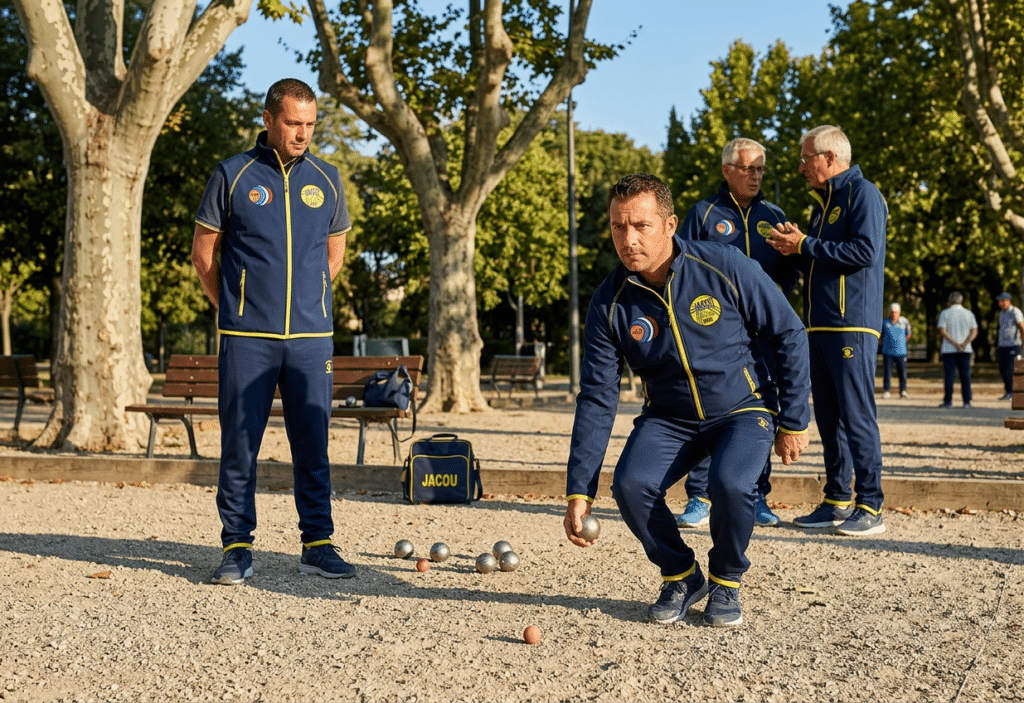 Hommes jouant à la pétanque à Jacou en tenue bleue. Un joueur concentré s'apprête à lancer sa boule.