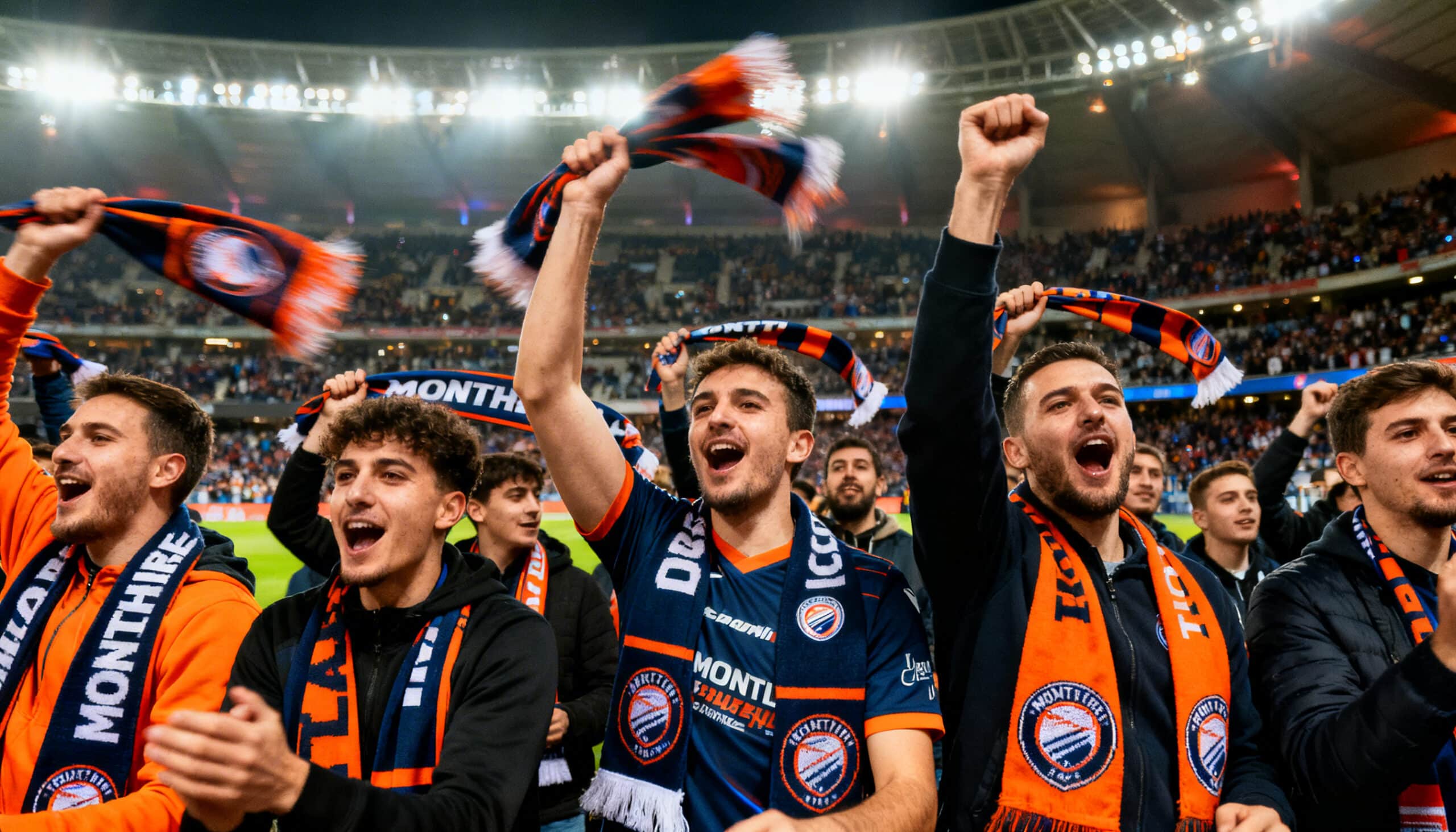 Supporters de Montpellier en liesse au stade, brandissant des écharpes orange et bleu lors d'une célébration nocturne.
