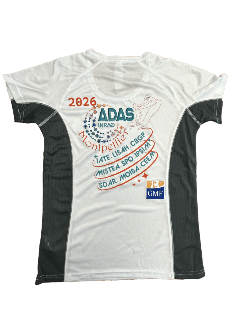 T-shirt sport blanc et gris ADAS INRAE Montpellier 2026 avec logos de laboratoires et GMF.