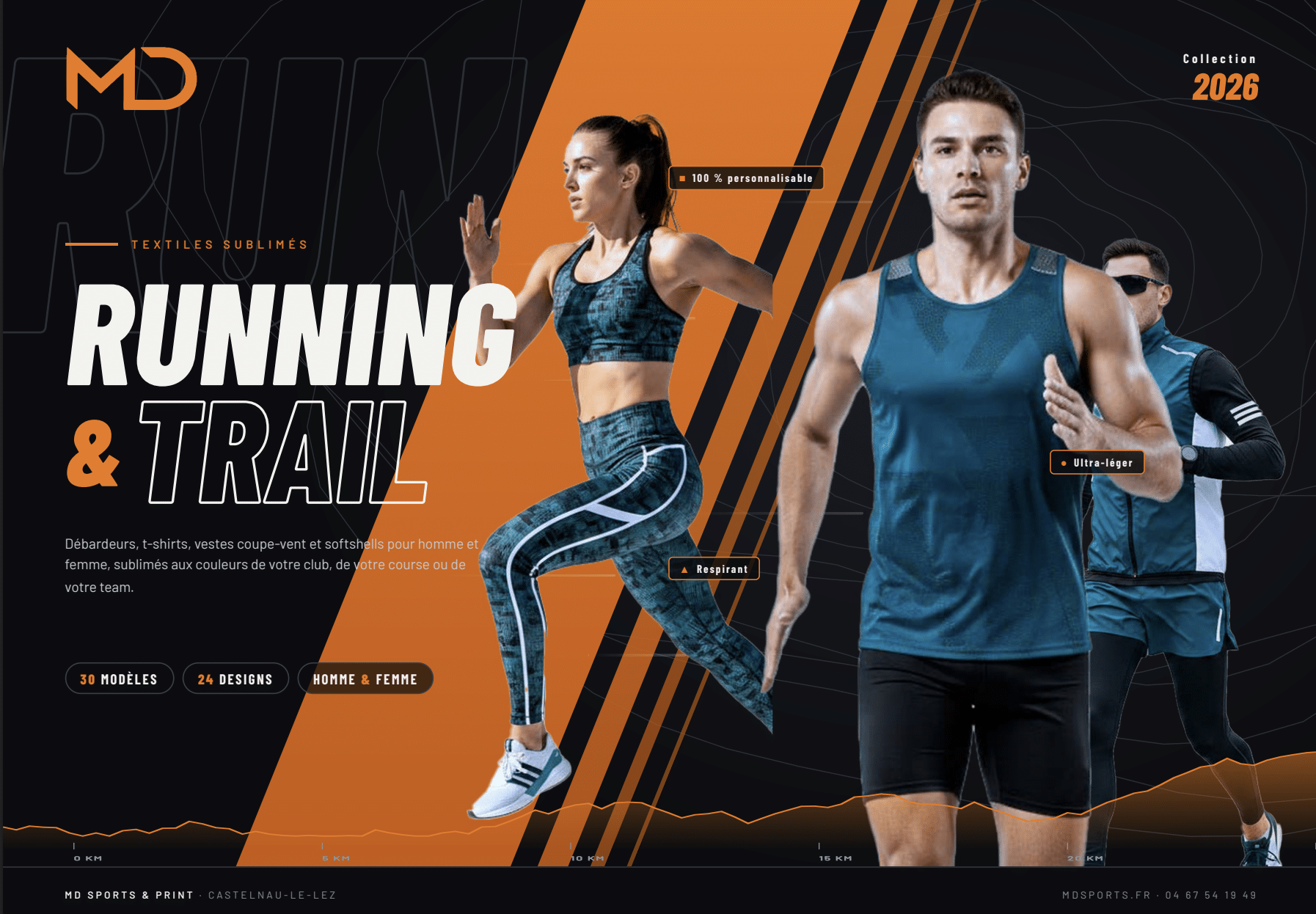 Running & Trail MD Sports : Collection 2026 Personnalisable Vêtements techniques de running et trail MD Sports : collection 2026 personnalisable portée par trois athlètes.