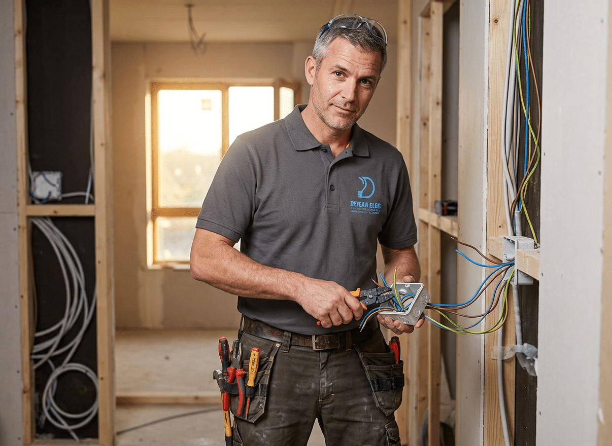Électricien Dejean Elec : Expert en Installation Électrique Électricien Dejean Elec installant des câbles dans une boîte de dérivation sur un chantier de rénovation intérieure.