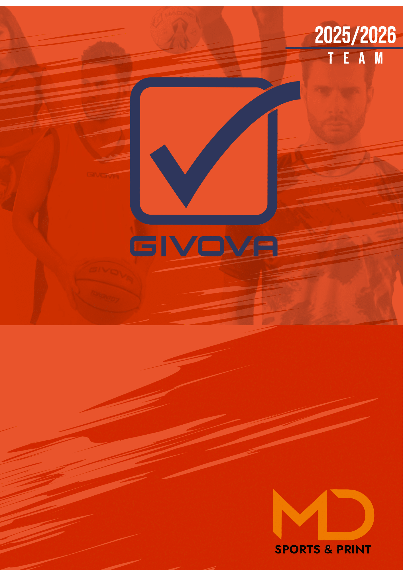 Affiche Givova 2025/2026 Team avec logo bleu sur fond orange texturé et logo MD Sports & Print.