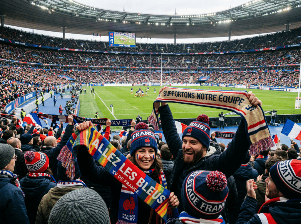 Supporters de rugby enthousiastes brandissant des écharpes Allez les Bleus et Supportons notre équipe au stade.
