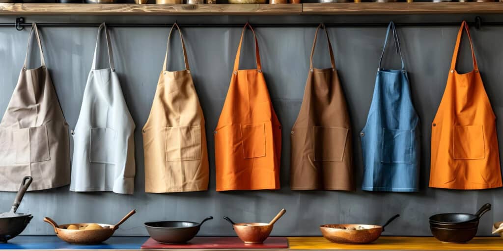 Sept tabliers colorés suspendus au-dessus de divers ustensiles et poêles de cuisine sur un mur gris élégant.