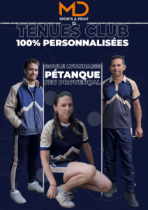 Tenues Club Personnalisées Pétanque et Boule Lyonnaise Tenues de club personnalisées MD Sports & Print pour pétanque, boule lyonnaise et jeu provençal portées par trois sportifs.