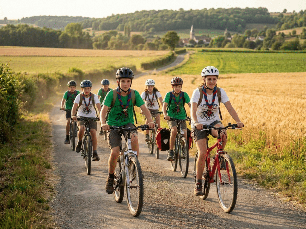 Randonnée à vélo pour scouts dans la campagne française Jeunes scouts à vélo sur un sentier de campagne, portant des foulards et casques sous un soleil d'été.