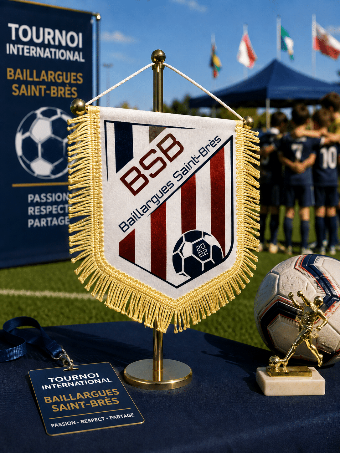 Tournoi International de Football Baillargues Saint-Brès BSB Fanion et trophée du Tournoi International Baillargues Saint-Brès BSB avec ballon et jeunes joueurs de foot en extérieur.