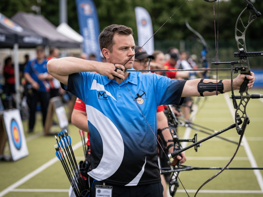 Archer concentré visant avec un arc à poulies. Maillot bleu MD, badge Competitor. Compétition de tir à l'arc.