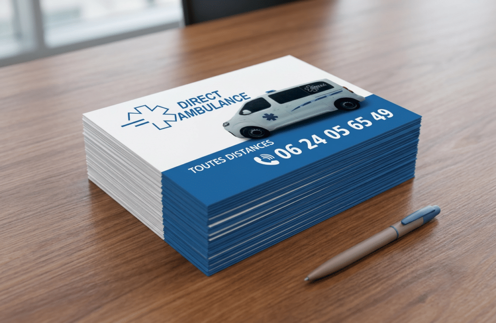 Cartes de Visite Direct Ambulance : Transport Sanitaire Pile de cartes de visite Direct Ambulance, logo et numéro 06 24 05 65 49 sur table en bois avec stylo.