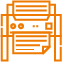 Icône Imprimante Orange : Design Linéaire de Bureau Icône de ligne orange représentant une imprimante de bureau avec un document papier.