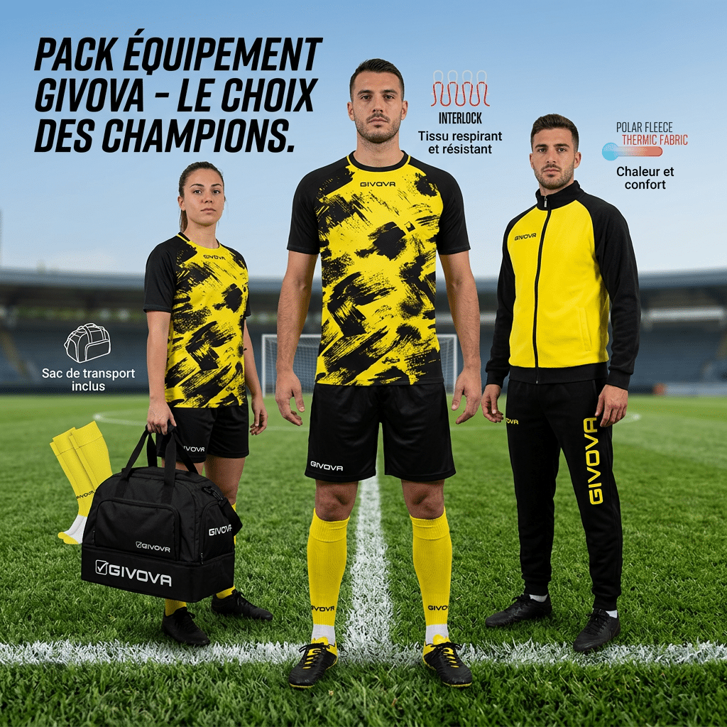 Pack Équipement Givova : Tenues de Foot des Champions Pack Givova : tenues jaune et noire, sac inclus. Tissu respirant et thermique pour champions.